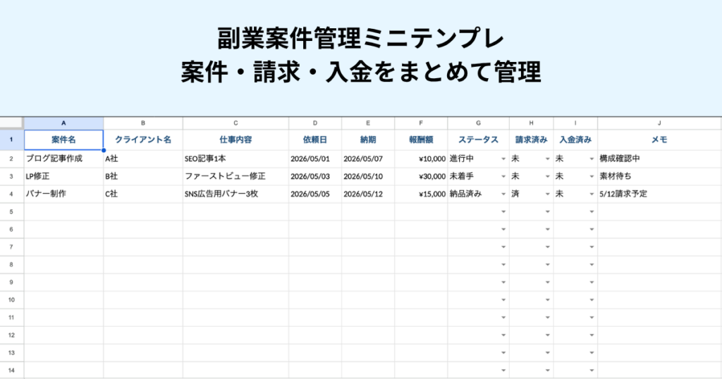 副業案件管理ミニテンプレの一覧画面